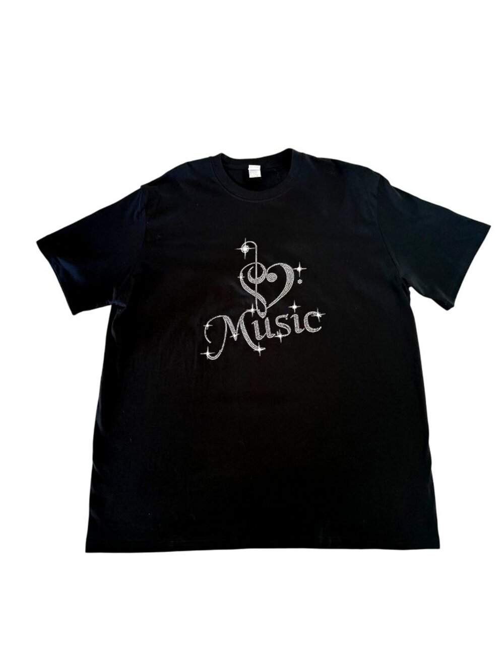Black Cotton Womens 2XL Tee Rhinestone Music Heart Design Shirt